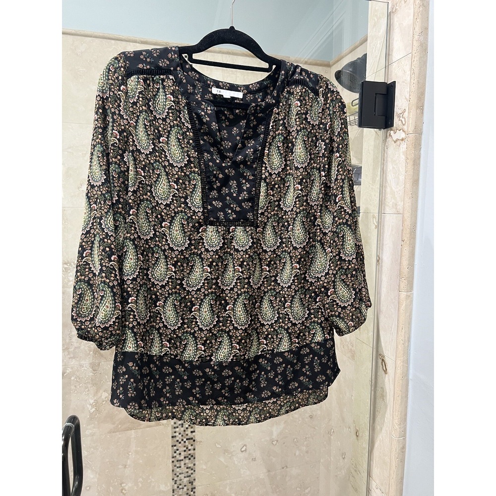 Daniel Rainn DR2 Boho Green Black Pink 3/4 Sleeve Crochet Trim Blouse M